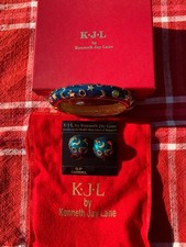Kenneth Jay Lane Gold & Blue Celestial Design Clip Earrings & Bracelet Jewelry picture