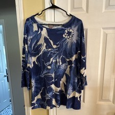 Chico's Size 3 Blue/White Floral Knit Pullover Sweater L/XL 3/4 Sleeve Boat Neck picture