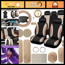 43 Pcs Fuzzy Car Seat Cover Full Set - Beige & Black, Plush Interior Protection picture