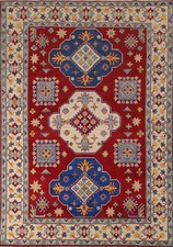Red Geometric Super Kazak Living Room Rug 6x9 Oriental Hand-knotted Wool Carpet picture