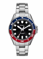Fossil FB-01 Men's Quartz Date Black Dial Red/Blue Bezel Silver Bracelet picture