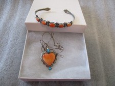 CAROLYN POLLACK STERLING SILVER ORANGE SPINY OYSTER HEART PENDANT + BRACELET picture