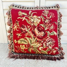 Vtg Large French Floral Red Roses Needlepoint Tapestry Pillow Tassel Fringe 21” picture