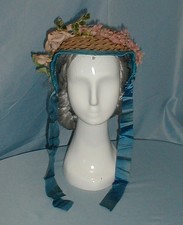 Civil War Antique Straw Hat Victorian 1860 Blue Silk Trim w/ Flowers picture