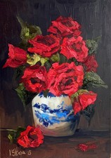 Original Oil Painting Red Roses Vintage Vase Flowers Still life Signed Art picture