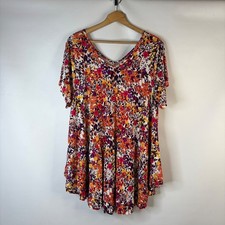 Roaman's Tunic Top Women 1X Multi-Color Floral V-Neck Short Sleeve Flared Hem picture