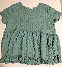 Talulah Women's Blue/Green Textured Ruffle Hem Tunic Top Short Sleeve L picture