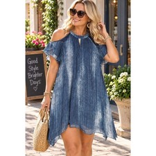 Chicos Blue White Pleated Cold Shoulder Dress Handkerchief Hem Size 3 XL picture