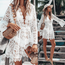 Lace Bathing Suit Cover Up Boho Beach Women Maxi Bikini Sundress Dress Summer US picture