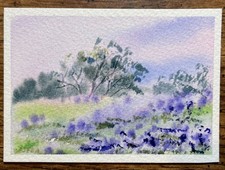 ACEO Original Watercolor Painting Landscape Nature Flowers Summer - 2.5x3.5 in picture