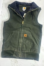 Vintage Carhartt Men's Hooded Quilted Lined Zip Front Vest Green Size S V02 DAM picture