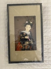 VINTAGE JAPANESE GEISHA N FABRIC KIMONO MATTED FRAMED SHADOW BOX 7.75