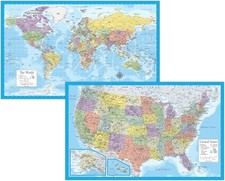 2 Pack - Laminated World Map & US Map Poster Set - Wall Chart Map of the World picture