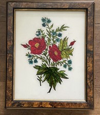 Antique Victorian Reverse Glass Tinsel Painting Floral 9.5x13.5 Faux Burl Frame picture