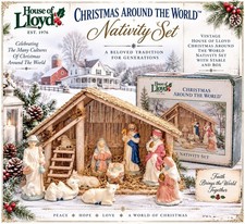 Vintage (11) Piece Nativity Set W/ Hay Covered Wooden Stable & Porcelain Figures picture