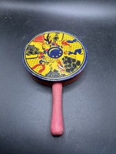 Vintage Tin Litho Noise Maker Wood Handle Fiesta Dancing Party Favor Toy US picture