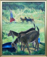 Large Original Antique Oil Canvas Painting Landscape with Coats Framed picture