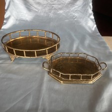 2 Vtg MCM Hollywood Regency Brass Octagon Oval Tray Faux Bamboo Handles 8