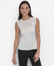 DKNY Women's Striped Yoke Sleeveless Knit Top Ivory Size M MSRP $69 SALE picture