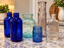 Lot 7 Vintage Antique Glass Bottles Dug Goshen NY Cobalt Blue Aqua Apothecary picture