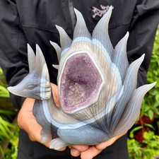 2.07LB Natural Agate Geode Hand Carved Nine-tailed Fox Quartz Crystal Decor picture