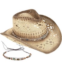 Women’s Straw Cowboy Hat, Breathable Western Cowgirl Hat W/2 Decorative Bands picture