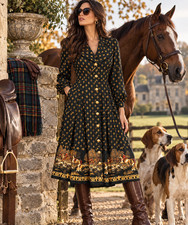 Vintage 80's Leslie Fay Sz 14 Fleur de Lis Fox Hunt Equestrian Midi Shirt Dress picture