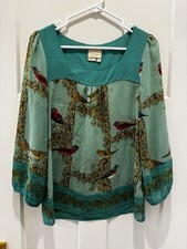 Vanessa Virginia Anthropologie Green Top Sz 6 Silk Bird Print Boho Nature Artsy picture
