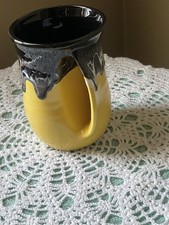 NEHER Handmade Yellow Black Drip Glaze Ceramic MUG USA Signed Hand Warmer Unique picture