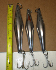 VINTAGE TUNA LURES ** 3- HI-POLISHED SCHNABEL SURFACE JIGS ** VERY NICE ***** picture