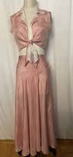 100% Silk Habotai Two-Piece Crop Top Wrap Skirt Set Pink White Vintage Style szM picture
