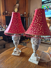 Pair Vintage Italian Alabaster Marble Urn Table Lamps Chinoiserie Beaded Shades picture