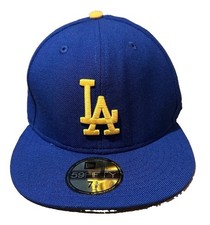New Era 59FIFTY Los Angeles Dodgers Fitted Hat Cap Royal Blue, Gold Logo 7-5/8  picture