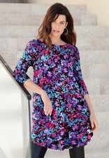 NWT Roamans Plus Boatneck Swing Ultra Drape Tunic Top 5X Black Multi Wildflowers picture