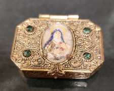 Antique French Rosary Box St Therese Glass Pink Beads Brass Crucifix France picture