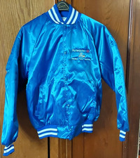 Vtg 80s Westark Plymouth AAA Trouble Shooter Satin Bomber Jacket Size M Blue USA picture