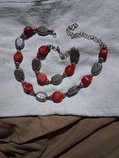 NWOT BRIGHTON FULL MOON RISING RED BAMBOO CORAL SILVER PLATED NECKLACE BRACELET picture