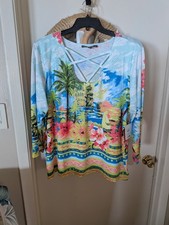Onque Casual Relaxed Fit FS Sz. 1X Tropical Print w/Bling Studs Front Ladies NEW picture