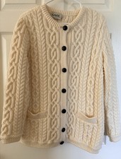 Saol Ireland 100% Merino Wool Button Front Cable Knit Cardigan Women’s (Size L) picture