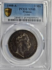 1908 - A  Prussia 3 Mark - PCGS XF45 90% silver coin picture