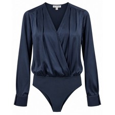 Nine Britton Eva Satin Surplice Bodysuit Women Size M Navy Blue NWT picture