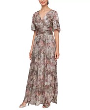 Sl Fashions Women's V-Neck Metallic a-Line Gown - Taupe Multi Size 14 picture