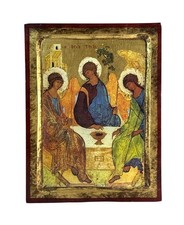 Greek Byzantine Holy Trinity Icon Three Angels Museum Copy Wood Gold 10.75” picture
