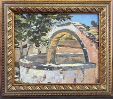 Original Oil Painting Stone Well Mediterranean Courtyard Impressionist Framed picture