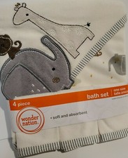 NEW Wonder Nation Infant 4 Piece Bath Set Hooded Towel & 3 Washclothes picture