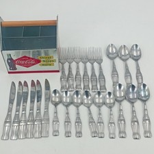 Vintage Gibson Coca Cola Flatware Set 24pc Stainless Steel Coke Bottle Handle picture
