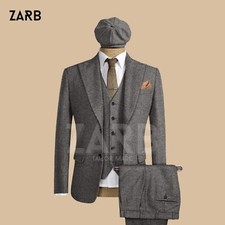 Men's Gray Tweed Wool 3-Piece Suit, Peaky Blinders Wedding Custom Tailored picture