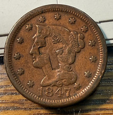 1847 Large Cent Nice Original Fine with Unusual Cross Counterstamp CHRC picture