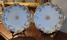 Two Antique LS & S Limoge Medallion Plates Heavy Gold Gilt w/ Light Blue Hues picture