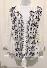 NWT Fig and Flower Embroidered Button-Up Top Sz XL Tie Front Floral 3/4 Sleeves picture